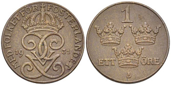 Швеция 1 эре 1931 Густав V (1907-1950) KM 777.2 бронза 116-1126