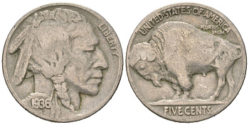 США 5 центов 1936 индеец, бизон KM 134 медно-никель 4614-1235