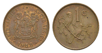 ЮАР 1 цент 1988 герб, капские воробьи KM 82 бронза 4608-556