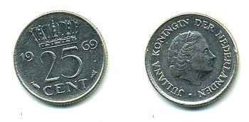 Нидерланды 25 центов 1969 Юлиана (1948-1980) KM 183 никель 76-516