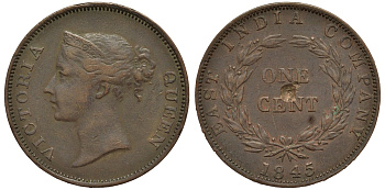 Стрейтс-Сетлментс 1 цент 1845 Виктория (1837-1901) KM 3 медь 4557-846