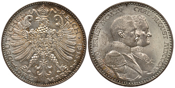 Саксен-Веймар-Эйзенах 3 марки 1915 A, 100 летие династии герцогов Саксен-Веймар-Эйзенаха, Вильгельм I и Карл Август Weege 159, J. 163, KM 177 серебро UNC 00-806-34