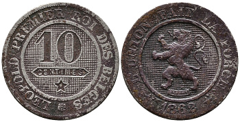 БЕЛЬГИЯ 10 САНТИМОВ 1862 BELGES KM 22 медно-никель 24-1146