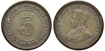 Стрейтс-Сетлментс 5 центов 1935 Георг V (1910-1936) КМ 36 серебро 53-558