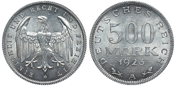 Германия 500 марок 1923 А KM 36, J.305 алюминий UNC 4587-545