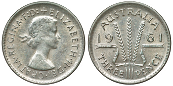 Австралия 3 пенса 1961 m, Елизавета II (1952-2022) KM 57 серебро 71-734