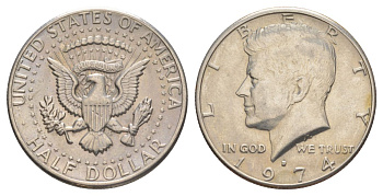 США 1/2 доллара (50 центов) 1974 D, Джон Кеннеди KM 202b медь плакированная медно-никелем aUNC 4123-141