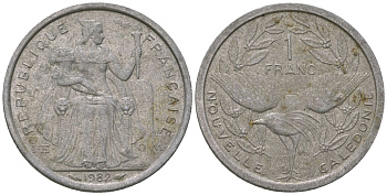 Французская Новая Каледония 1 франк 1982 птица кагу, (IEOM) KM 10, Schoen 10, Lec 45 алюминий    51-2114