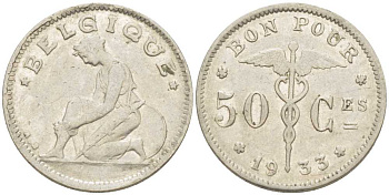 БЕЛЬГИЯ 50 САНТИМОВ 1933 BELGIQUE KM 87 никель 211-657