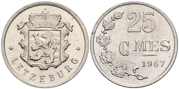 Люксембург 25 сантимов 1967 Герцог Жан (1964-1999) KM 45a алюминий 4596-843