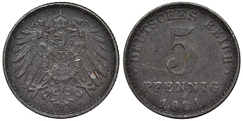 Германия 5 пфеннигов 1921 A KM 19, J. 297, Weege 5 железо 4118-1224