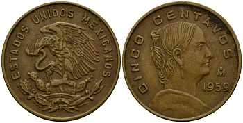 Мексика 5 сентаво 1959 Жозефа Ортис де Домингес KM 426 латунь 4189-732