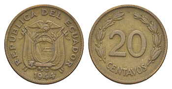 Эквадор 20 сентаво 1944 KM 77.1a латунь 4640-1223