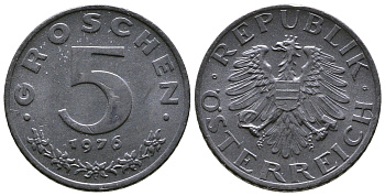 АВСТРИЯ 5 ГРОШЕЙ 1976 KM 2875 цинк UNC 57-1217