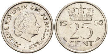 Нидерланды 25 центов 1958 Юлиана (1949-1980) KM 183 никель    4174-646