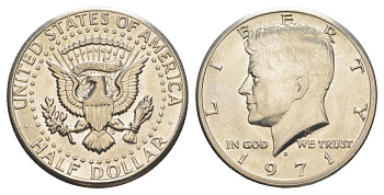 США 1/2 доллара (50 центов) 1971 D, Джон Кеннеди KM 202b медь плакированная медно-никелем aUNC 32-1122