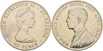 Остров Святой Елены 50 пенсов 1984 королевский визит Принца Эндрю KM 13 медно-никель UNC 4125-735