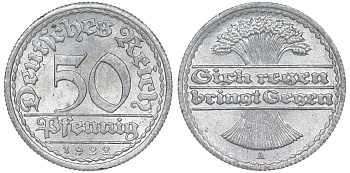 Германия 50 пфеннигов 1922 A KM 27, J. 301 алюминий aUNC 4114-1131