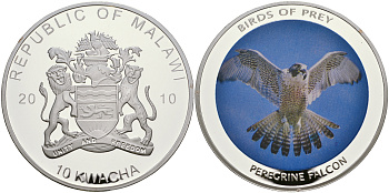 Малави 10 квача 2010 хищные птицы, сапсан, цветная эмаль, диаметр 50 мм PROOF 05-089-34