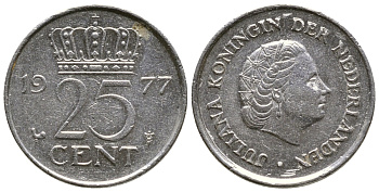 Нидерланды 25 центов 1977 Юлиана (1948-1980) KM 183 никель 4383-1119