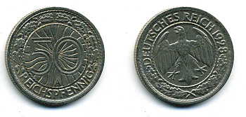 Германия 50 рейхспфеннигов 1928 A KM 49, J.324 никель J. 324 58-227