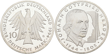 ФРГ 10 марок 1994 G, 250 лет со дня рождения Иоганна Готфрида Гердера KM 184 серебро PROOF 4185-631