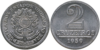 Бразилия 2 крузейро 1959 KM 571 алюминий 4577-932