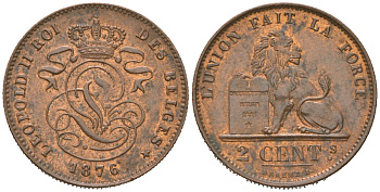 Бельгия 2 сантима 1876 Belges, Леопольд II (1865-1909) KM 35.1 медь aUNC 4044-224
