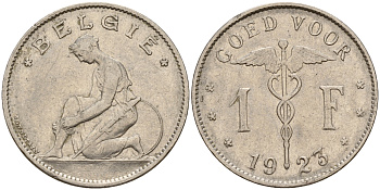 Бельгия 1 франк 1923 Belgie, Альберт I (1909-1934) KM 90 никель    4161-1154