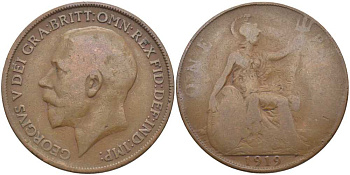 Великобритания 1 пенни 1919 Георг V (1910-1936) KM 810, Spink 4051 бронза 115-136