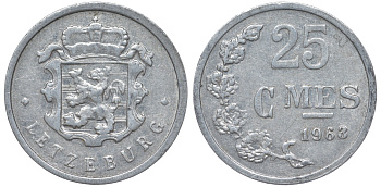 Люксембург 25 сантимов 1963 KM 45a.1 алюминий 4528-424