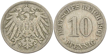 ГЕРМАНИЯ 10 ПФЕННИГОВ 1904 D KM 12, J. 13 медно-никель 4401-1255
