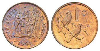 ЮАР 1 цент 1981 герб, капские воробьи KM 82 бронза UNC 4696-928