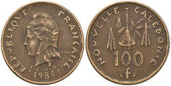 Французская Новая Каледония 100 франков 1984 хижина среди сосен и пальм, (IEOM) KM 15, Schoen 16, Lec 134 никель латунь 4137-814