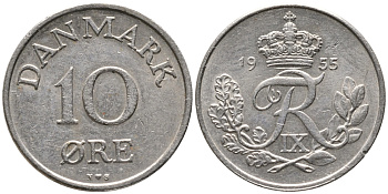 ДАНИЯ 10 ЭРЕ 1955 N; S, ФРЕДЕРИК IX (1947-1972) KM 841.1 медно-никель 100-729