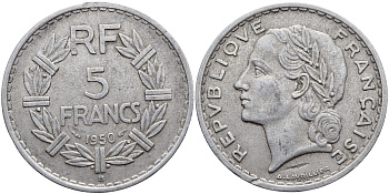 ФРАНЦИЯ 5 ФРАНКОВ 1950 B KM 888b.2 алюминий 74-225
