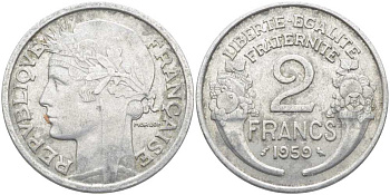 ФРАНЦИЯ 2 ФРАНКА 1959 KM 886a.1, LE FRANC 269.19 алюминий 109-1231
