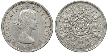 Великобритания 2 шиллинга (флорин) 1966 Елизавета II (1952-2022) KM 906, Spink 4146 медно-никель 51-2737
