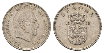 Дания 1 крона 1962 C; S, Фредерик IX (1947-1972) KM 851 медно-никель 3336-712