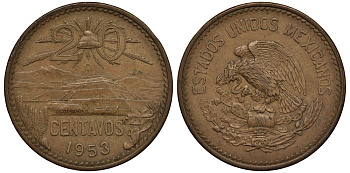 МЕКСИКА 20 СЕНТАВО 1953 ПИРАМИДА СОЛНЦА В ТЕОТИУАКАНЕ KM 439 бронза VF 215-835