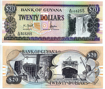 Гайана 20 долларов ND (1996-2018) водопад Кайетур, судостроение, паромное судно "Малали" Pick 30 a  бумага UNC (пресс) 6293-48-1-2