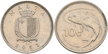 Мальта 10 центов 1991 золотая макрель KM 96 медно-никель 4588-232