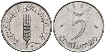 Франция 5 сантимов 1962 KM 927 нержавеющая сталь 4601-412
