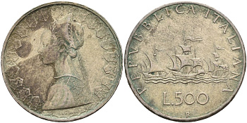 Италия 500 лир 1966 R, корабли Колумба, королева Изабелла KM 98 серебро 4593-1114