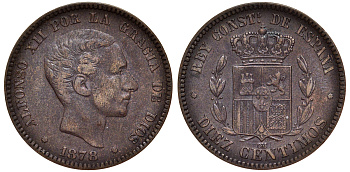 Испания 10 сентимо 1878 ОМ, Альфонсо XII KM 675 бронза    1530-633