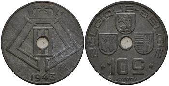 Бельгия 10 сантимов 1943 Belgique - Belgie KM 125 цинк 96-711