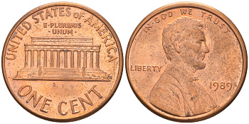 США 1 цент 1989 Линкольн KM 201b цинк плакированный медью UNC 63-364