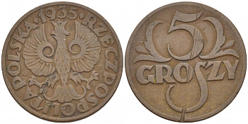 ПОЛЬША 5 ГРОШЕЙ 1935 w KM 10а бронза 112-1156