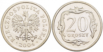 Польша 20 грошей 2004 MW KM 280, Parchimowicz 705l медно-никель UNC 4516-1232