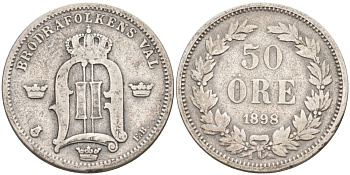 Швеция 50 эре 1898 ЕВ, Оскар II (1872-1907) король Швеции и Норвегии KM 740 серебро 190-851